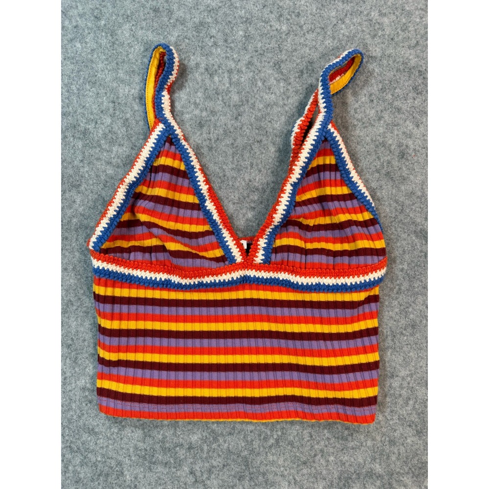 Zara Women Multi Color Striped Knit Crop Top V-Neck Ribbed Camisole Small